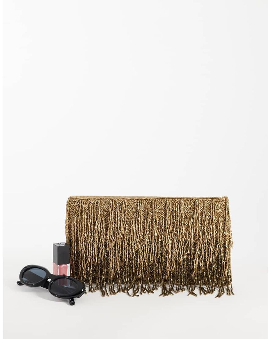 ASOS Brown Embellished Beaded Fringe Zip Top Clutch