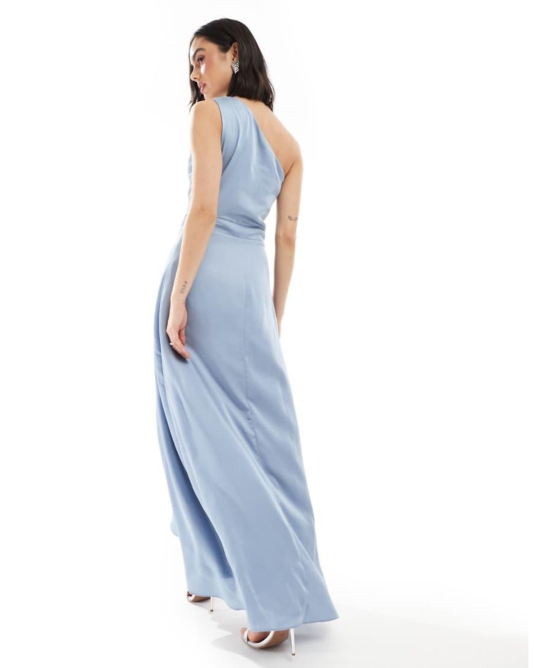 TFNC London Blue Bridesmaid One Shoulder Satin Maxi Dress With Wrap Skirt