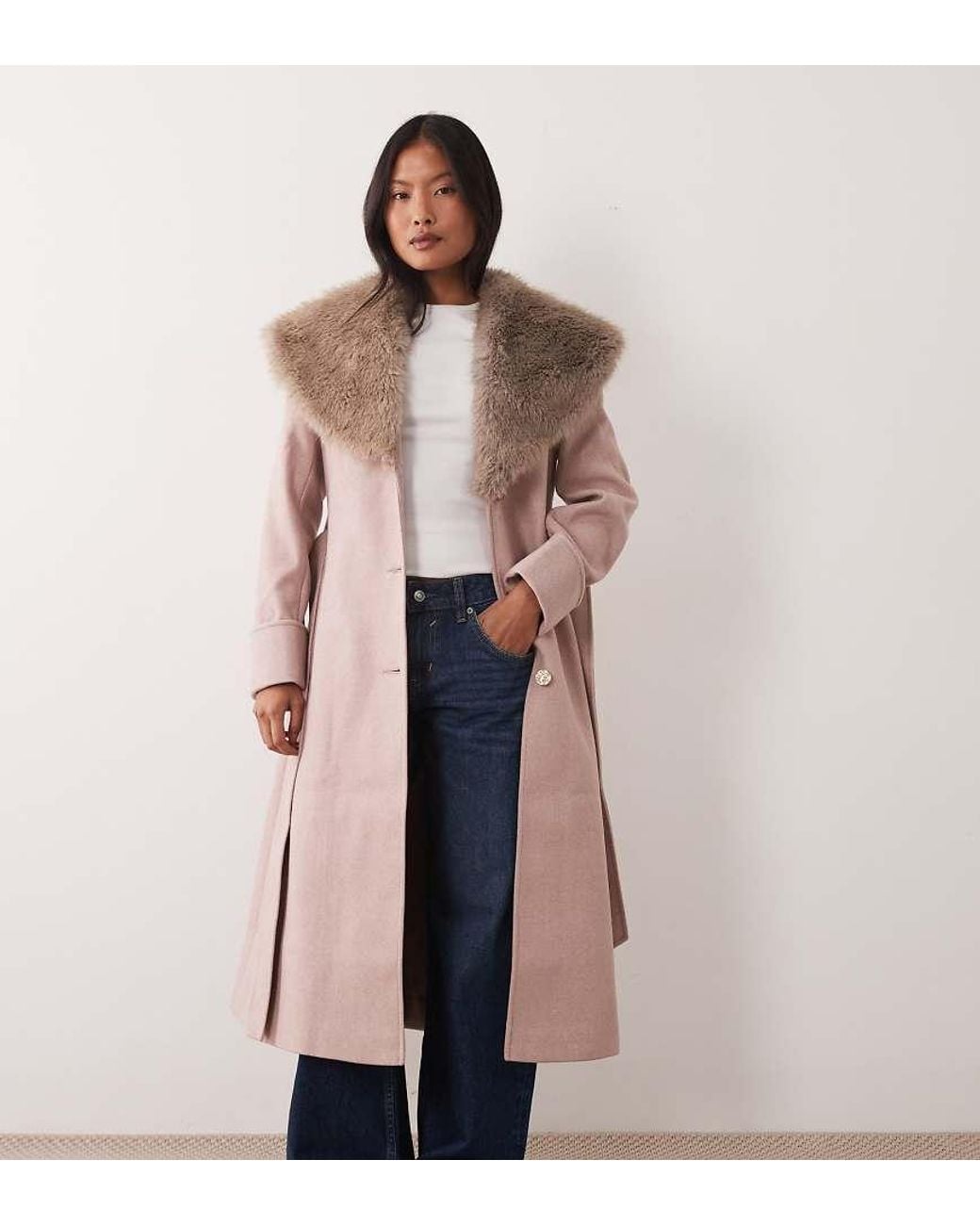Miss Selfridge Natural Formal Wrap Coat With Fur Collar