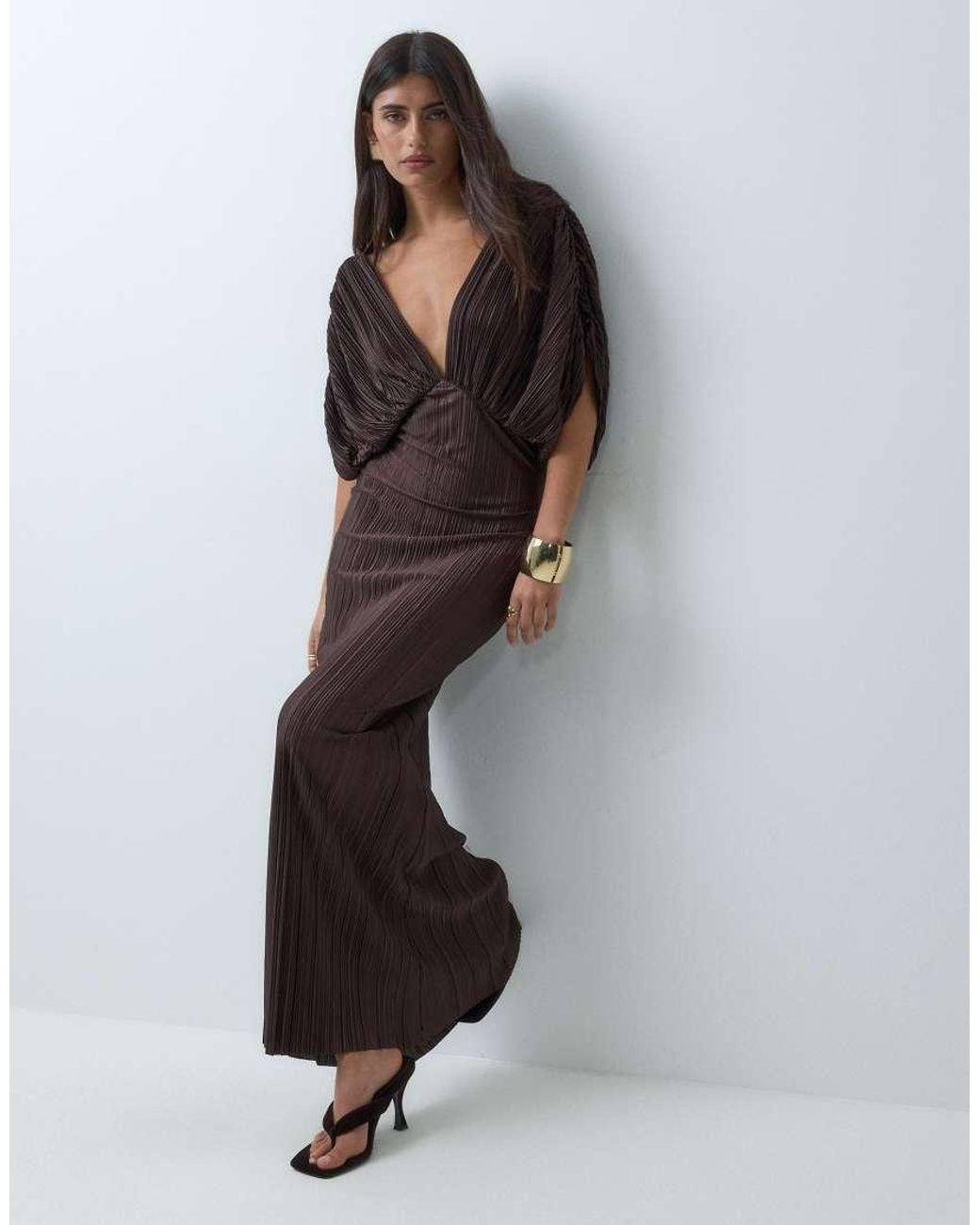 ASOS Brown Plunge Batwing Plisse Maxi Dress