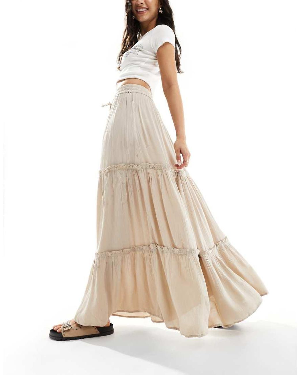 Vila Natural Tiered Boho Maxi Skirt
