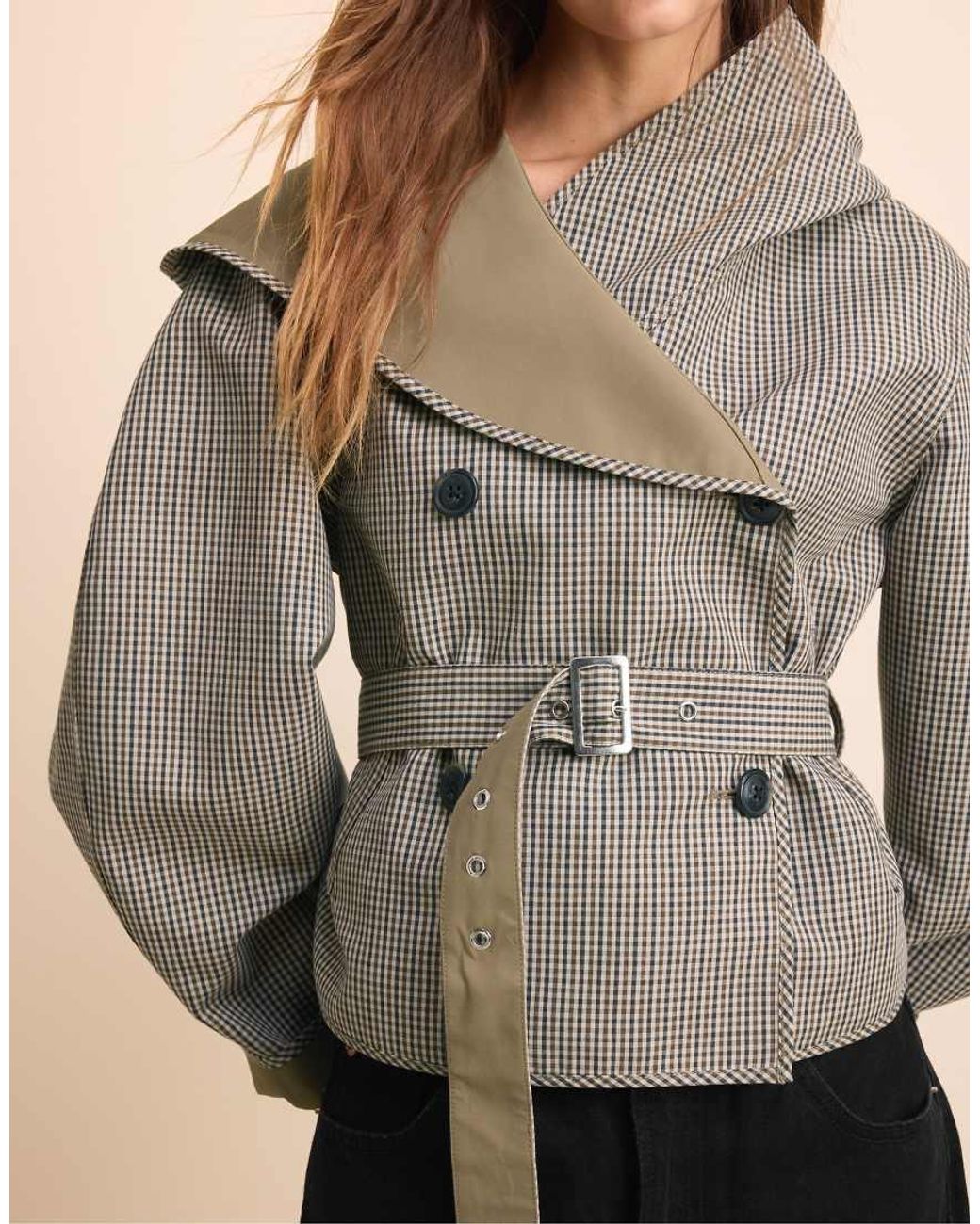 Stradivarius Black Short Reversible Check Trench Coat