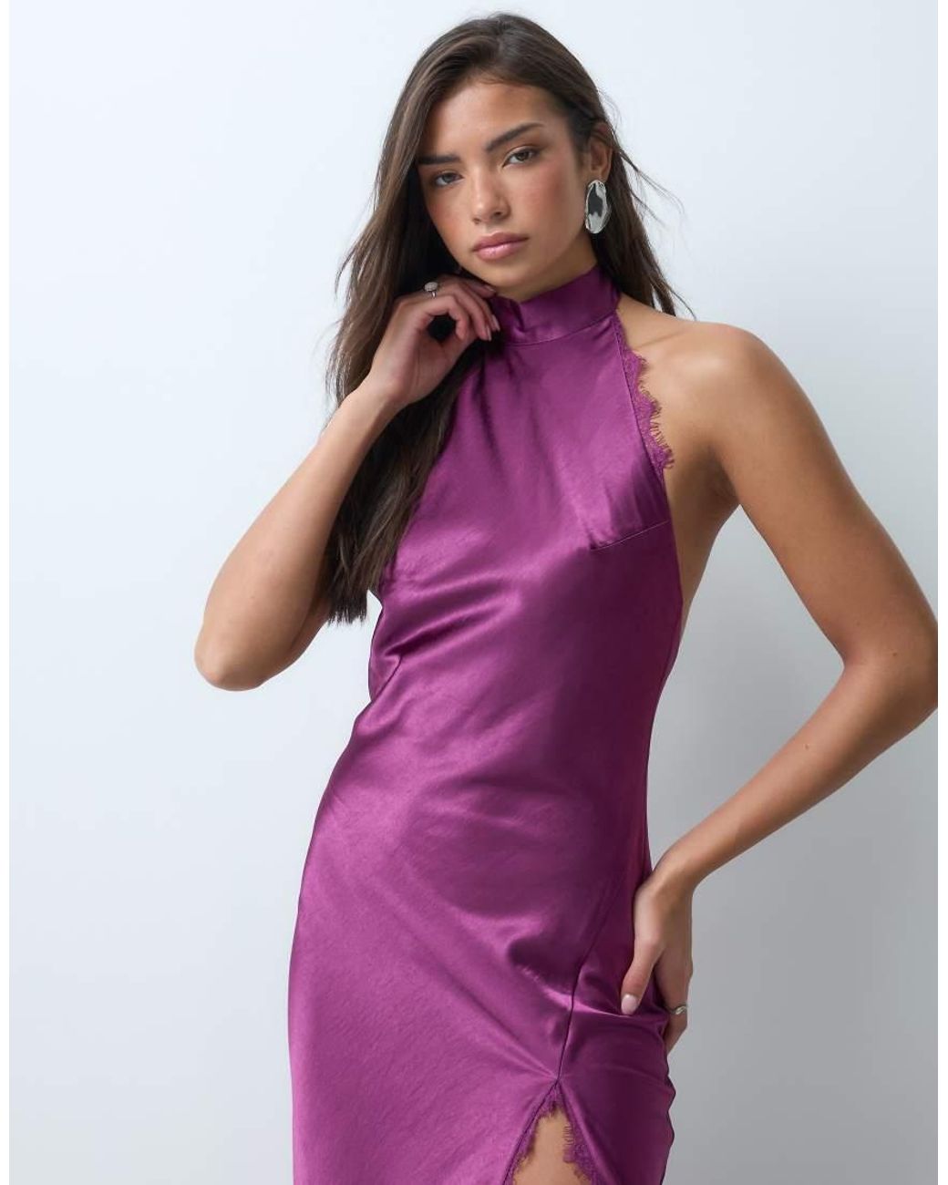 Aria Cove Purple Satin Halterneck High Neck Lace Trim Leg Split Maxi Dress