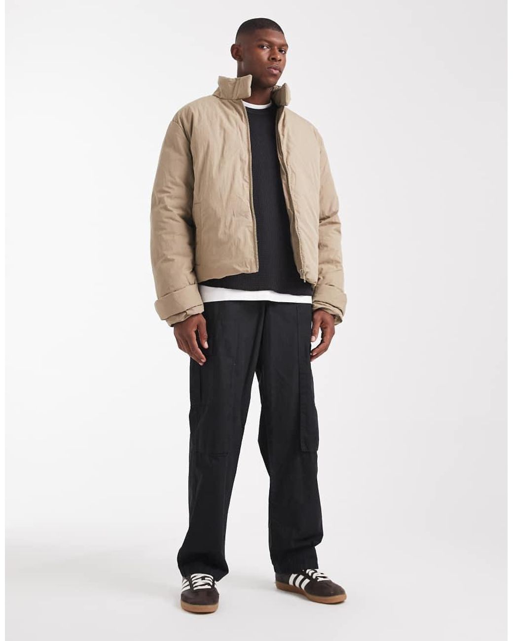 ASOS Natural Puffer Jacket With Funnel Neck for men