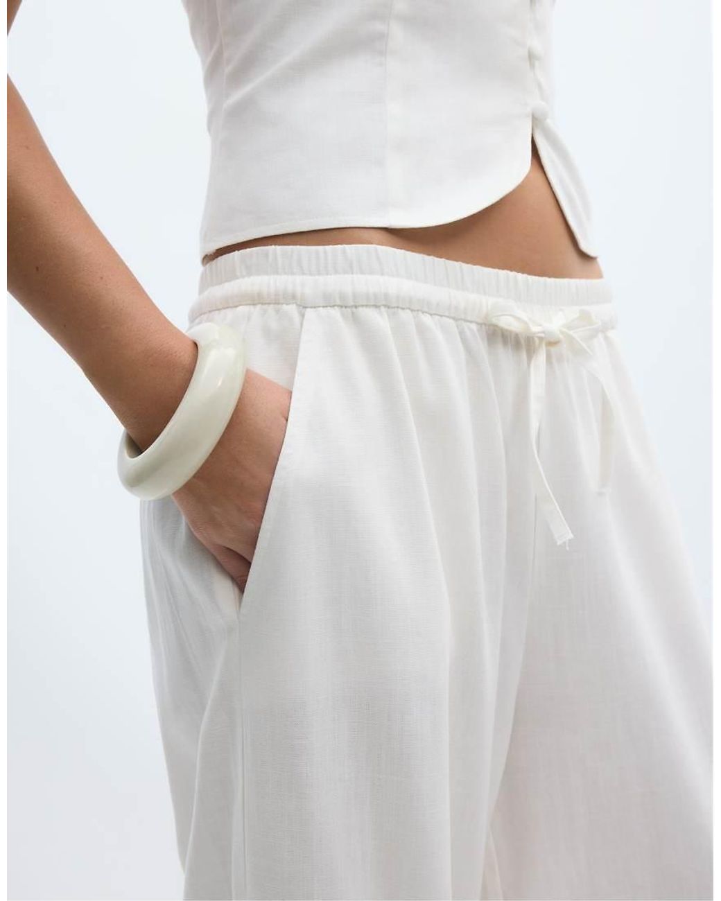 Stradivarius White Tall Linen-effect Sarouel Trousers