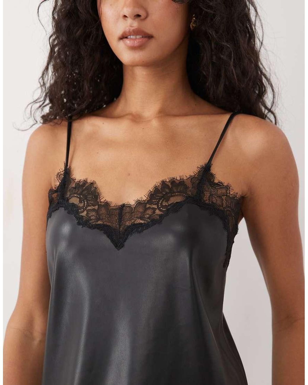 Mango Black Faux Soft Leather Cami Mini Dress With Lace Trim