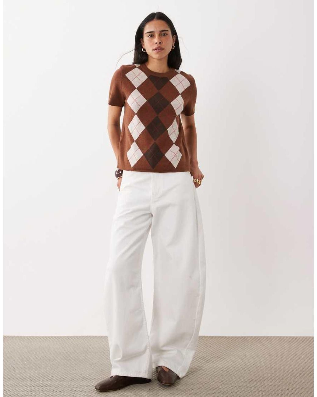 Mango Brown Short Sleeve Knitted Top