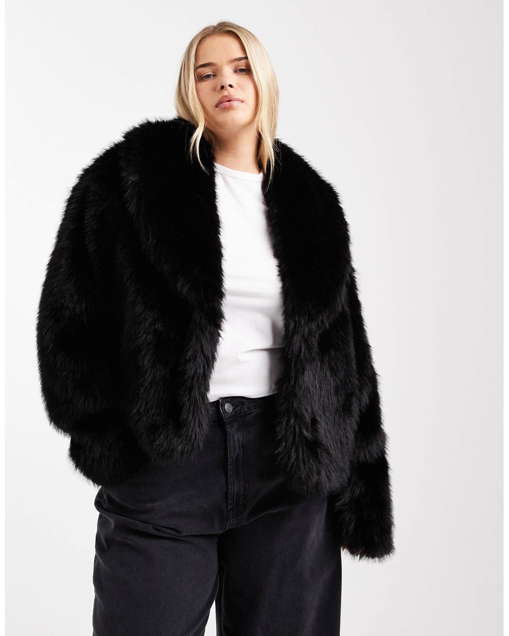 ASOS Asos Design Curve Shawl Collar Faux Fur Jacket in Black | Lyst