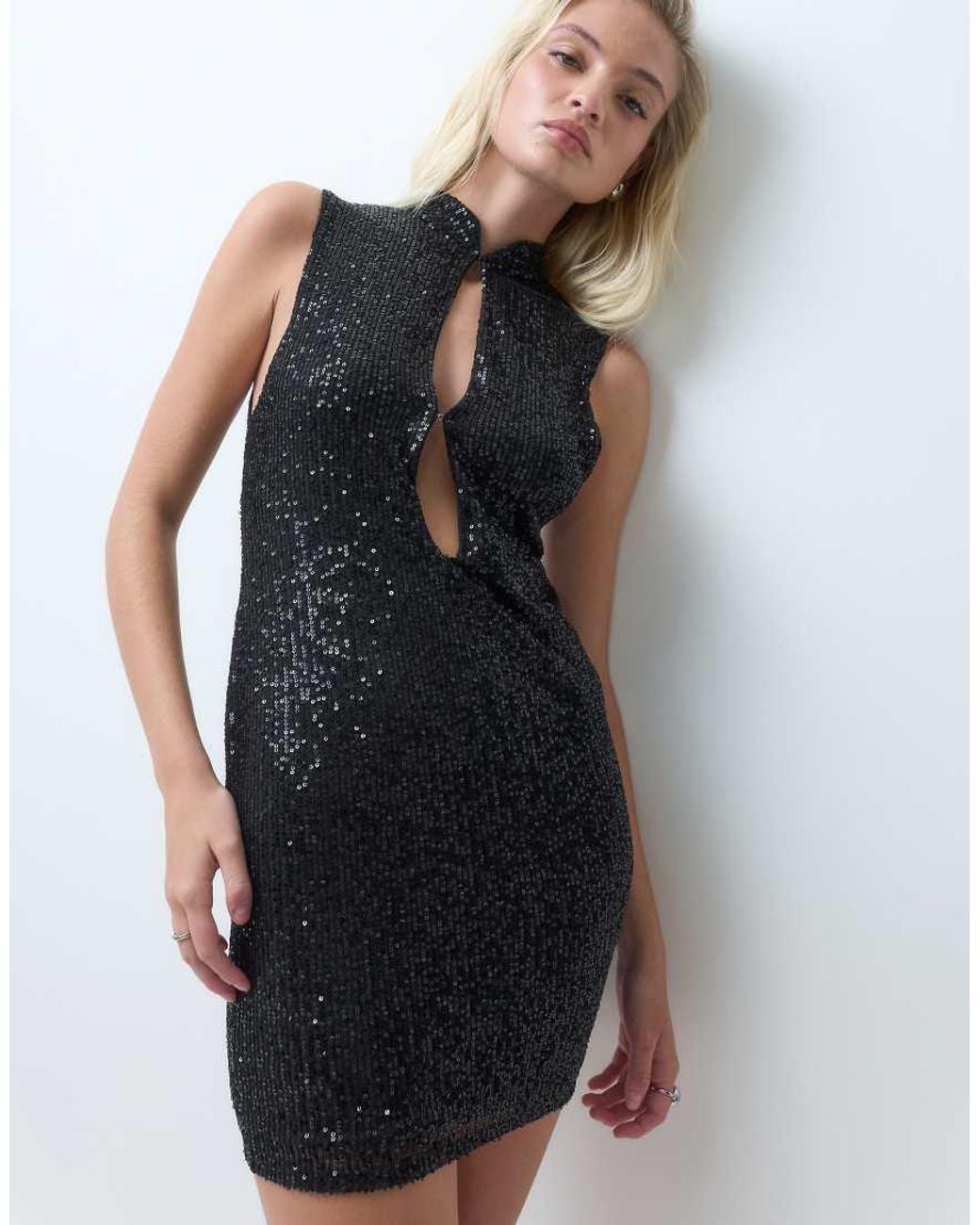 ASOS Black Sleeveless Mandarian Cut Out Sequin Mini Dress