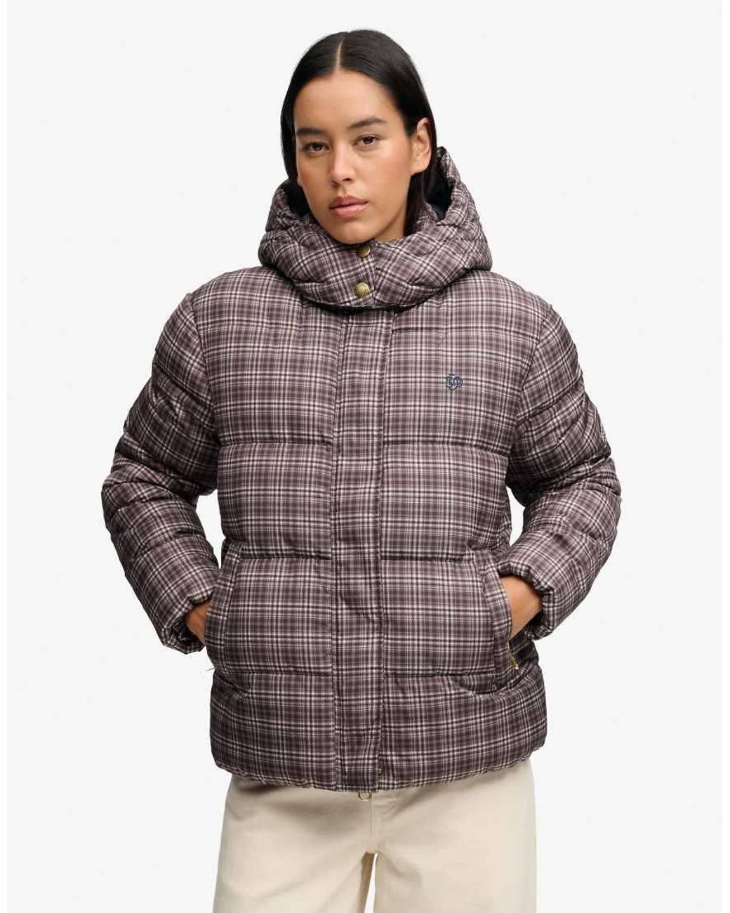 Superdry Gray Premium Printed Check Puffer Jacket