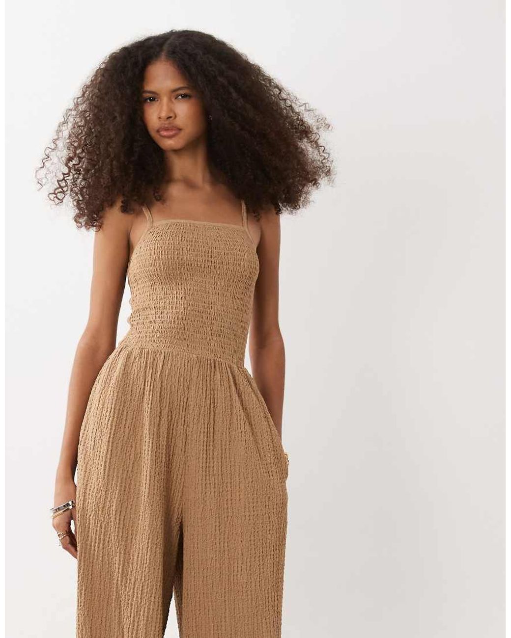 Brave Soul Brown Textured Jersey Jumpsuit With Shirred Bodice