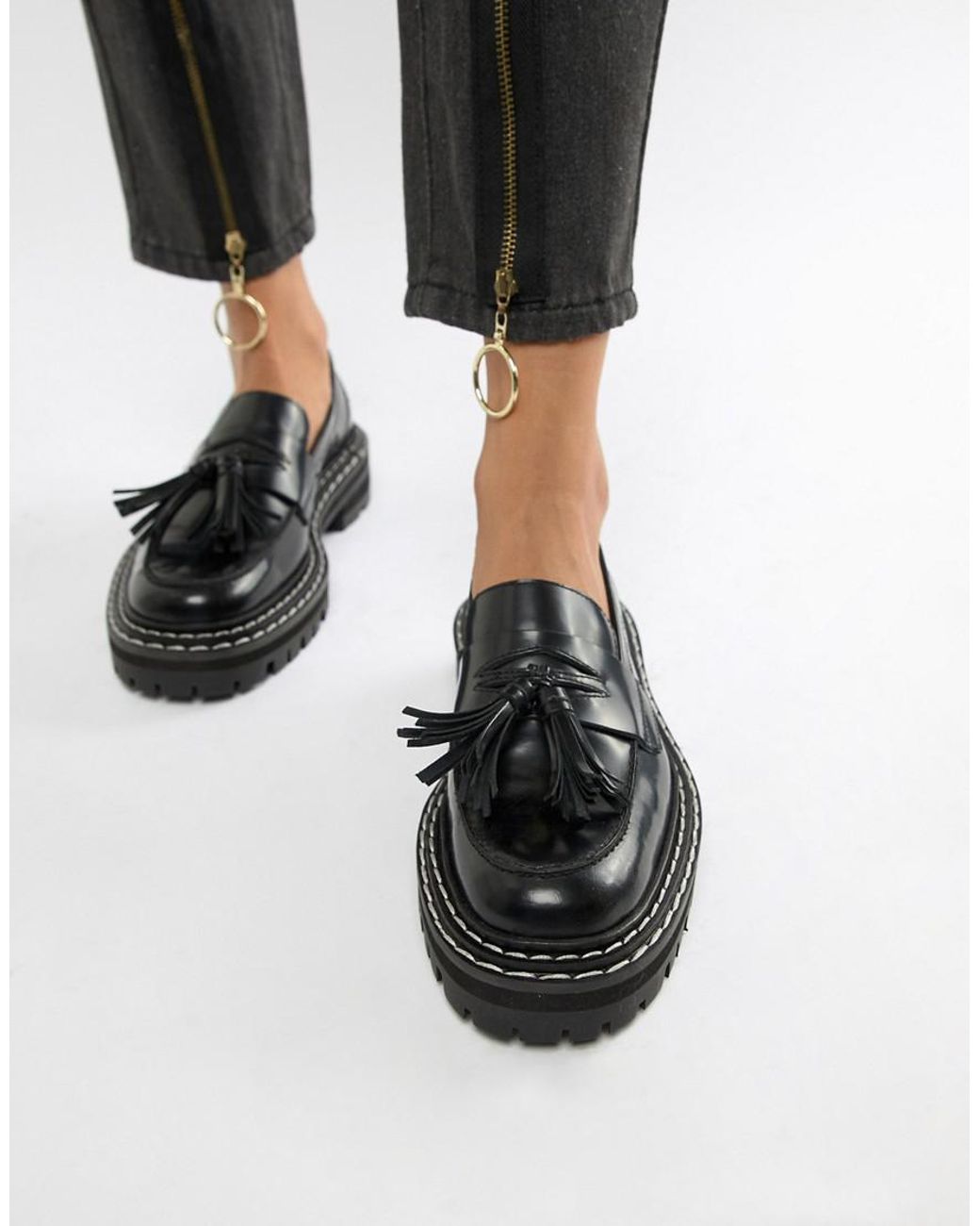 ASOS Machine Premium Leather Chunky Tassel Loafers in Black | Lyst