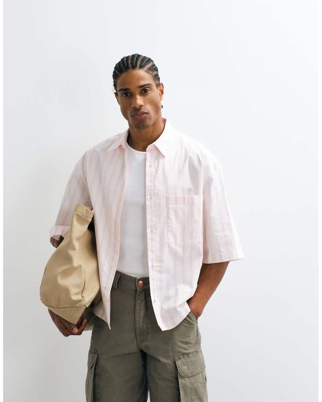 ASOS Natural Boxy Oversized Stripe Shirt for men