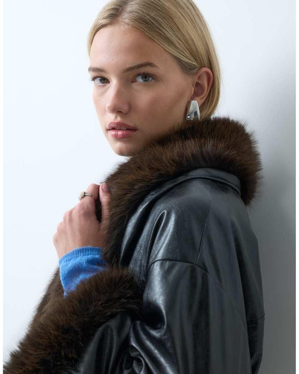 laagam Blue Oriane Fur Trim Belted Short Coat