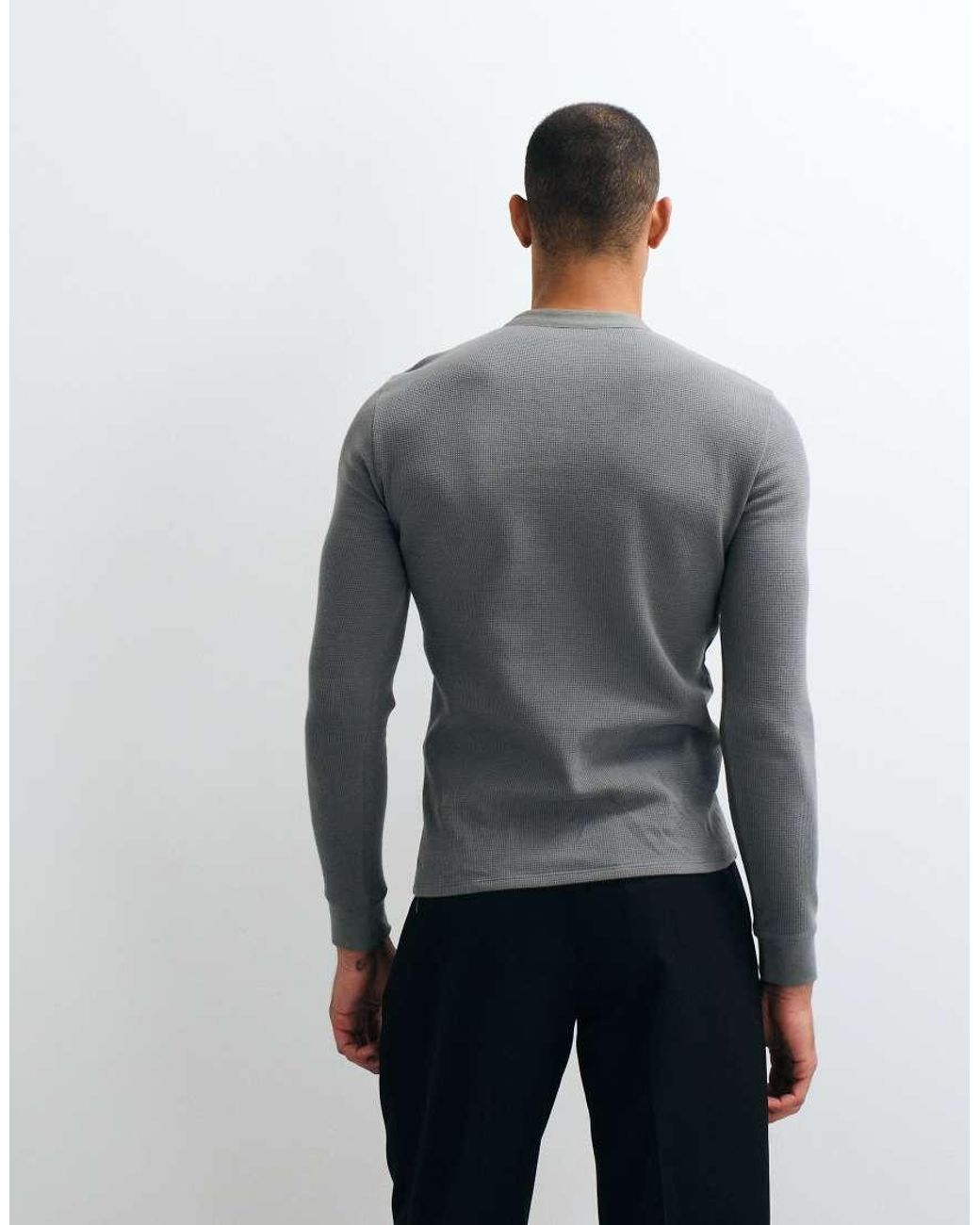 ASOS Gray Slim Fit Long Sleeve T-Shirt With Woven Henley for men