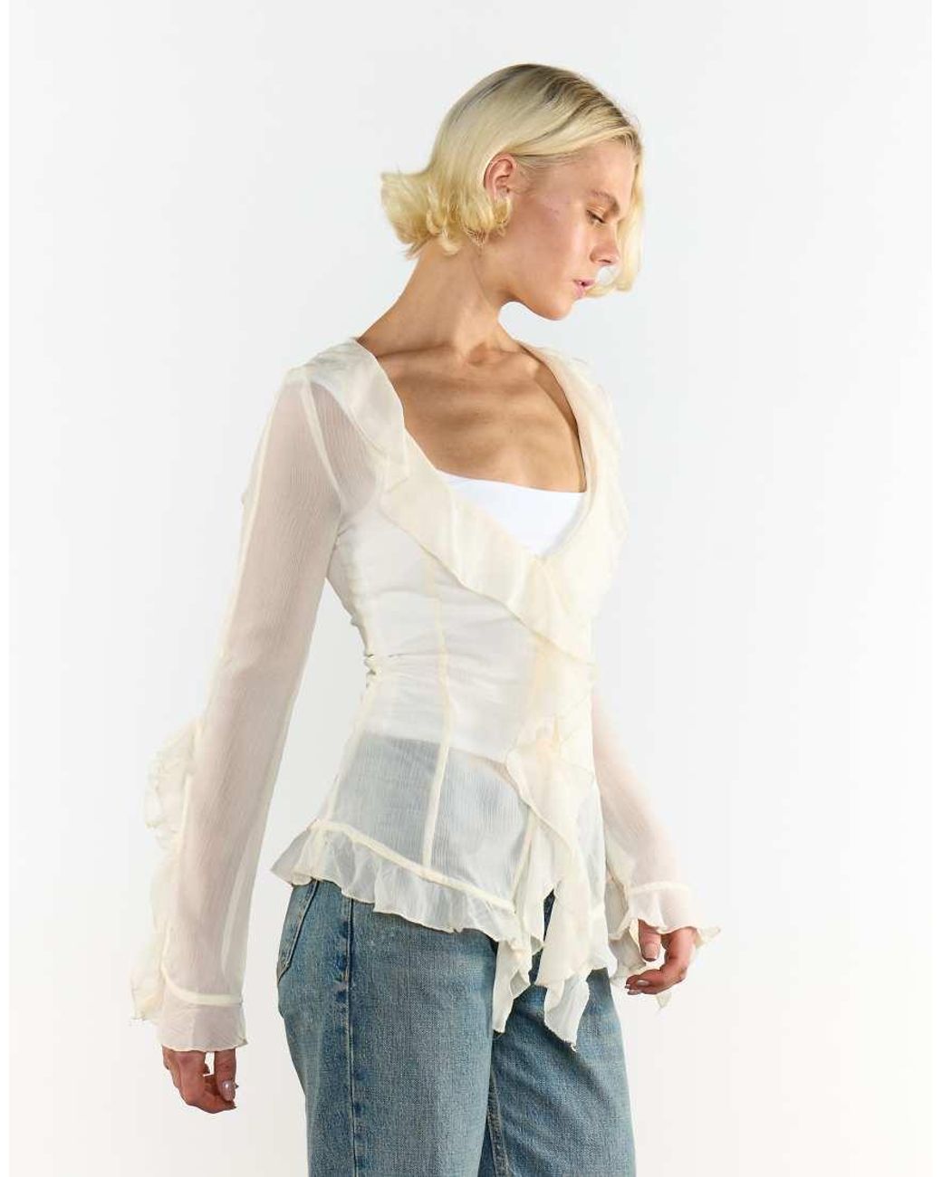 Glamorous White V-Neck Sheer Frill Blouse