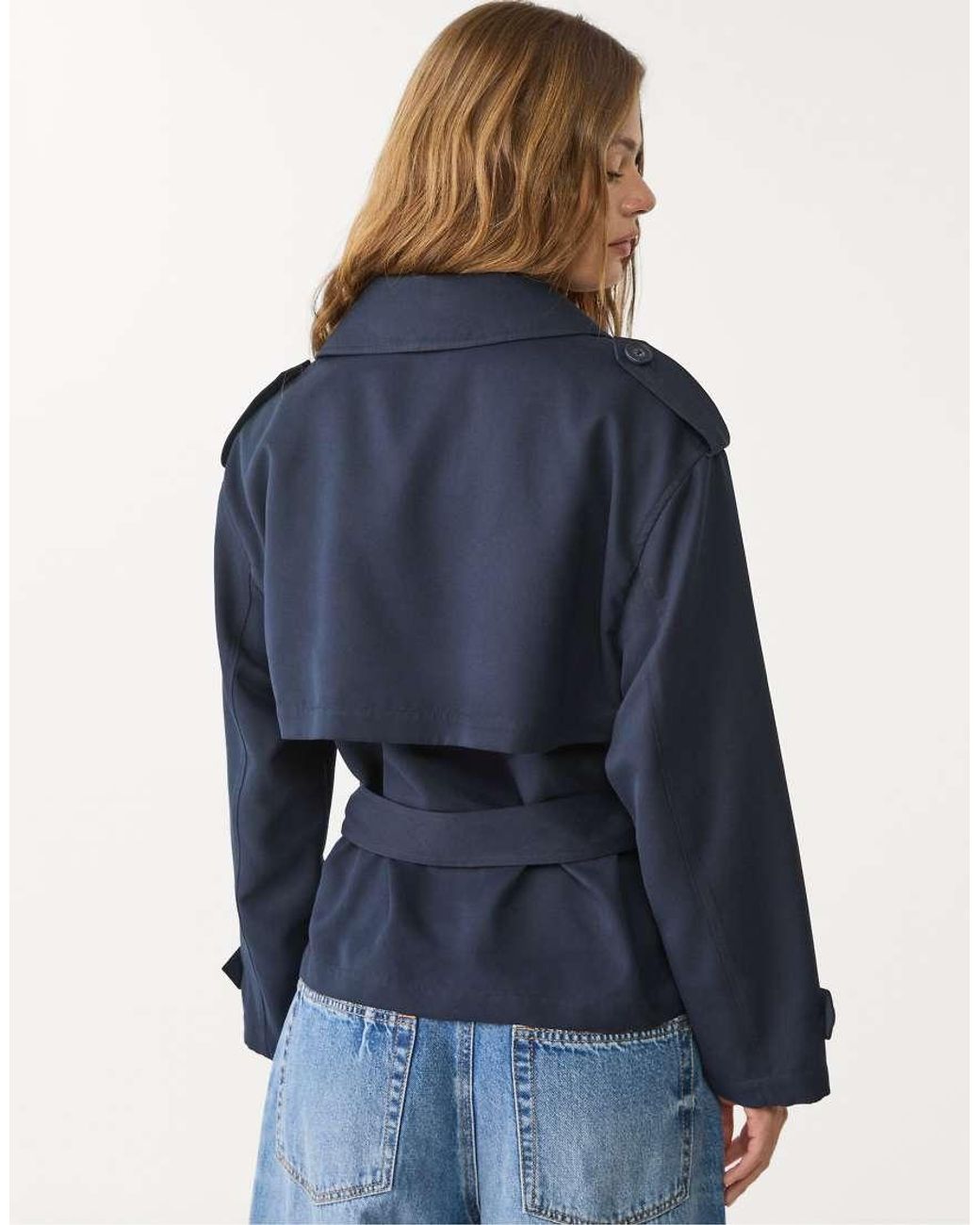 Stradivarius Blue Cropped Trench Coat With Belt