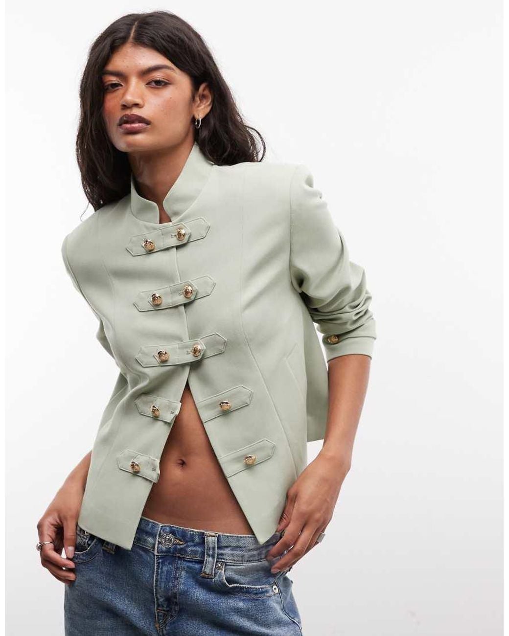 ASOS Blue Tailored High Neck Jacket With Drummer Boy Buttons