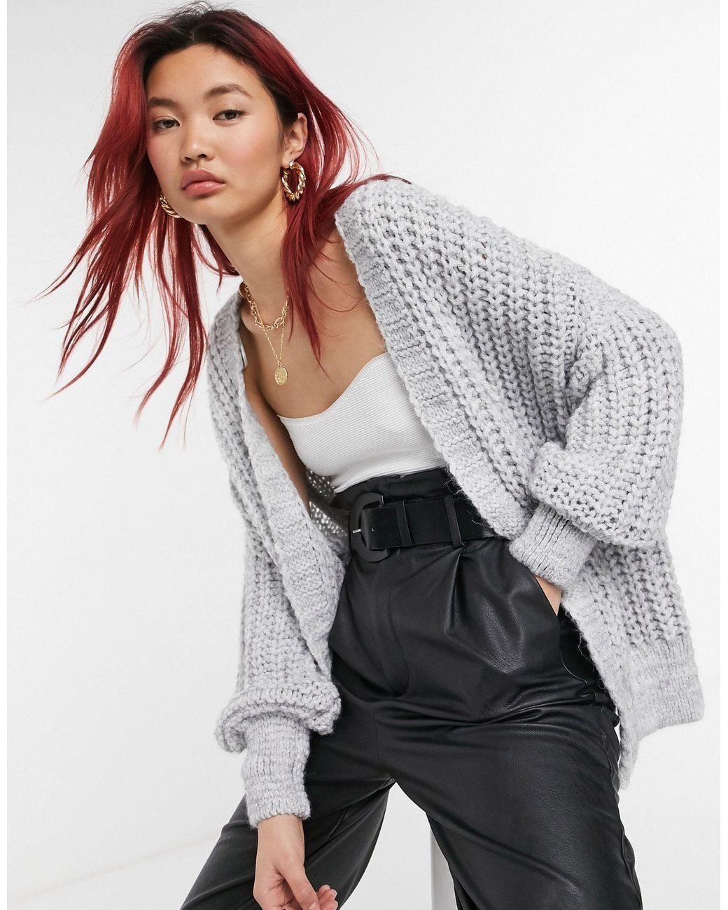 River Island Chunky Cardigan in Grey | Lyst UK