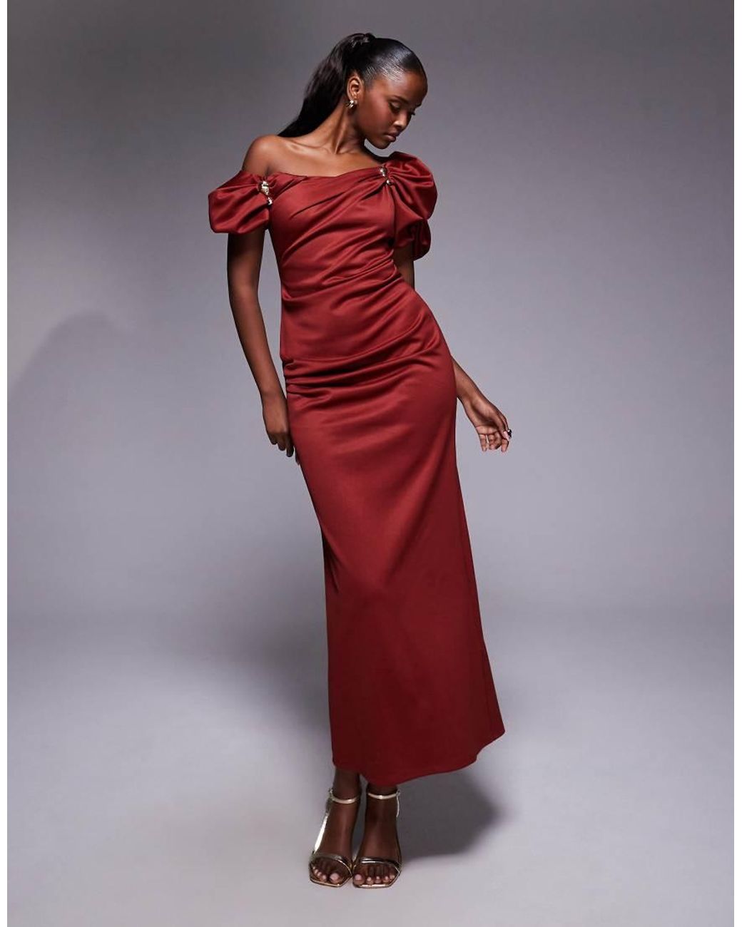 ASOS Trim Detail Fallen Shoulder Puff Sleeve Structured Midi Dress