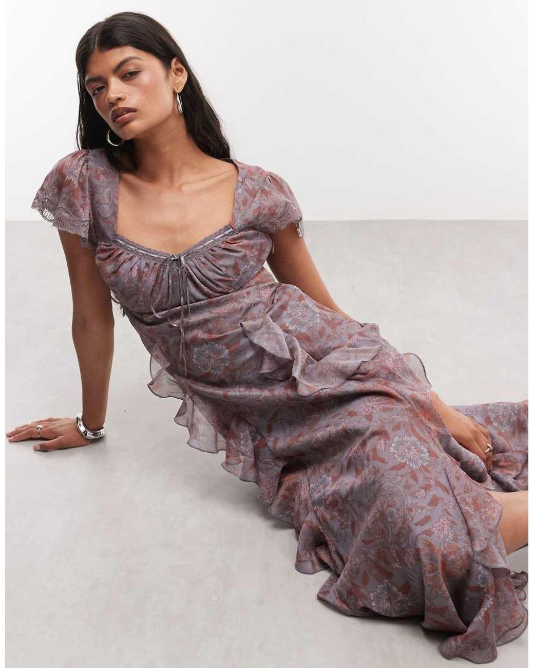 Reclaimed Vintage Multicolor Maxi Dress With Godet Ruffles And Splits
