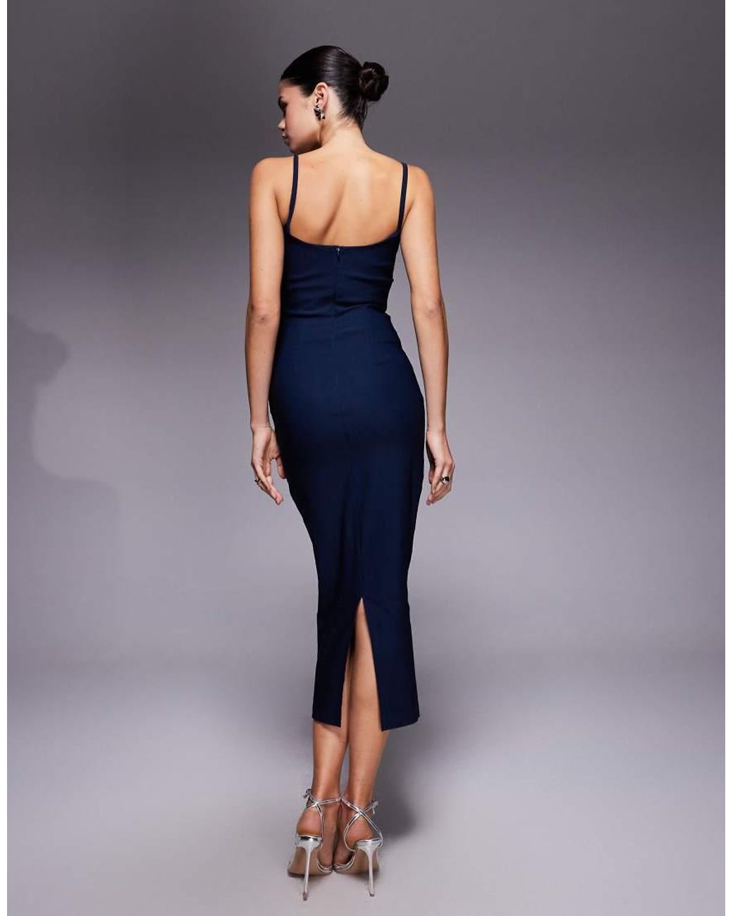 Vesper Blue Bengaline Cami Strappy Ruched Bust Midaxi Dress