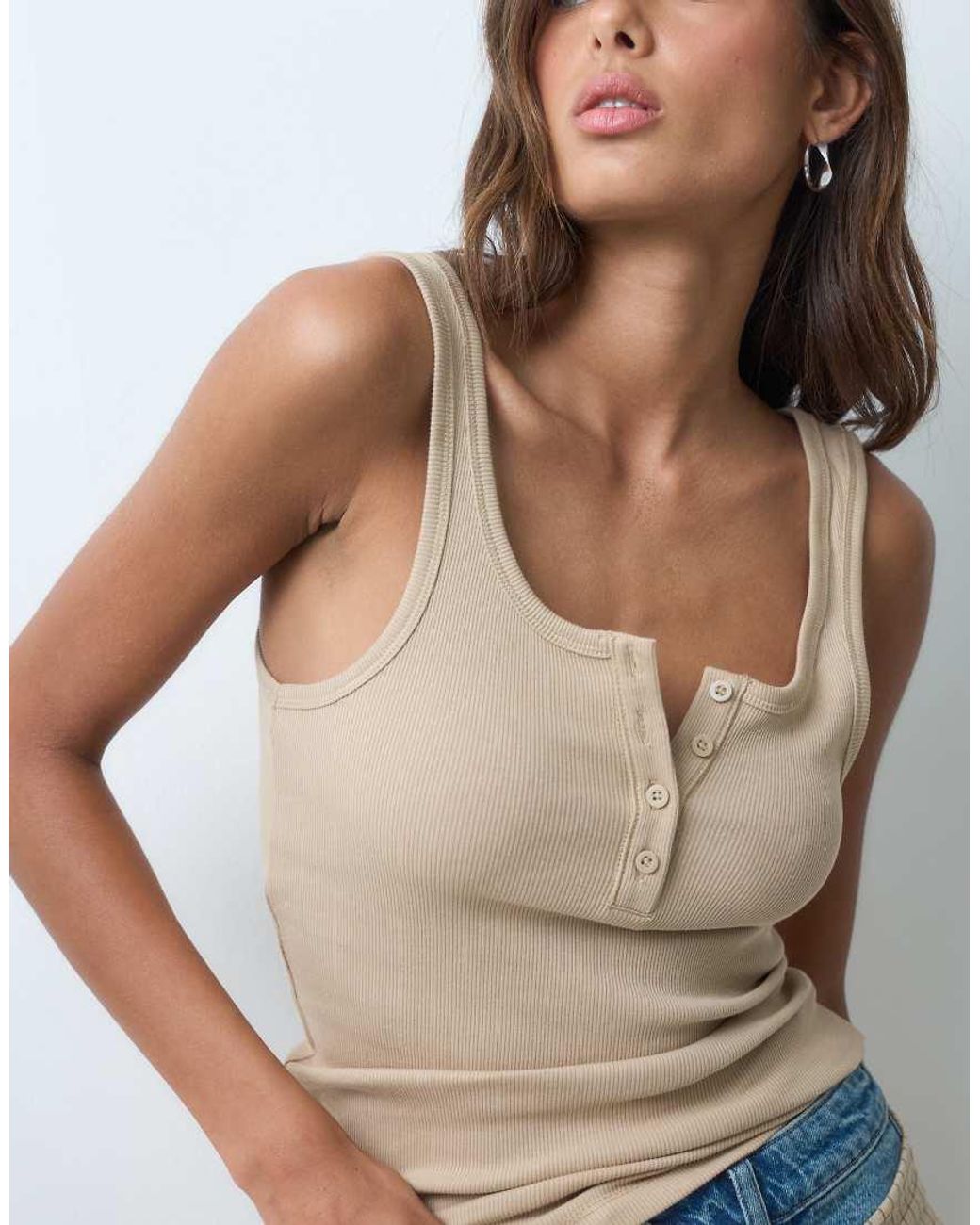 ASOS Natural Ribbed Scoop Neck Henley Singlet