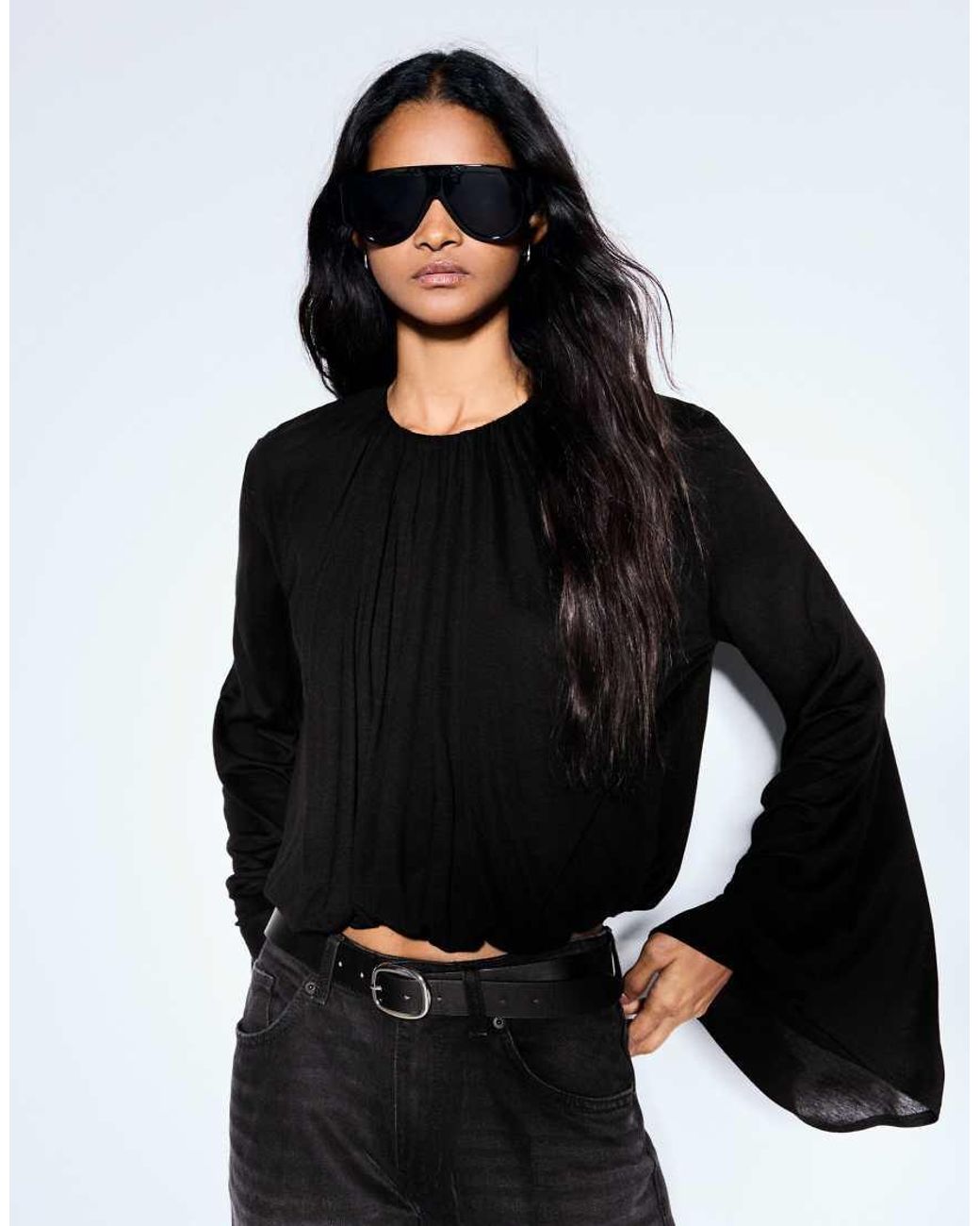 Bershka Black Long Sleeve Cape Effect T-shirt