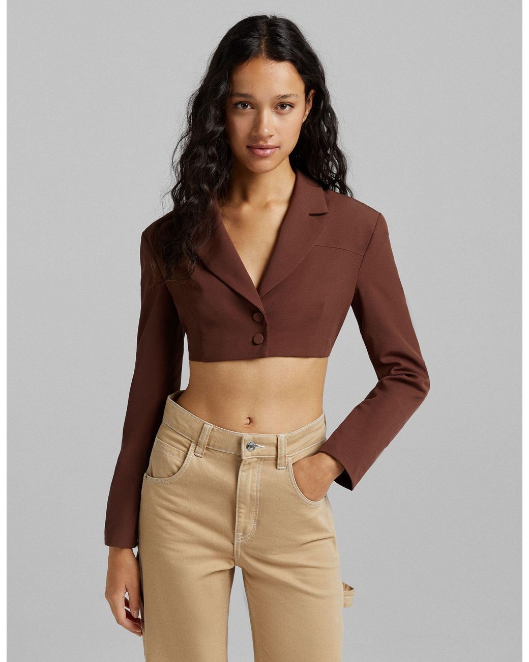 Bershka Open Back Cropped Blazer in Brown | Lyst UK