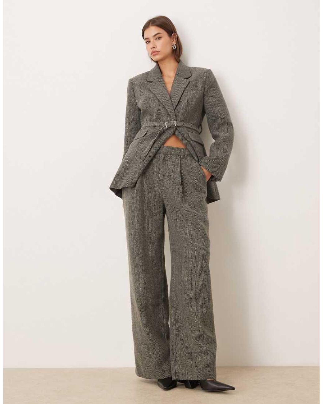 Gina Tricot Natural Co-ord Mid Waist Herringbone Trousers