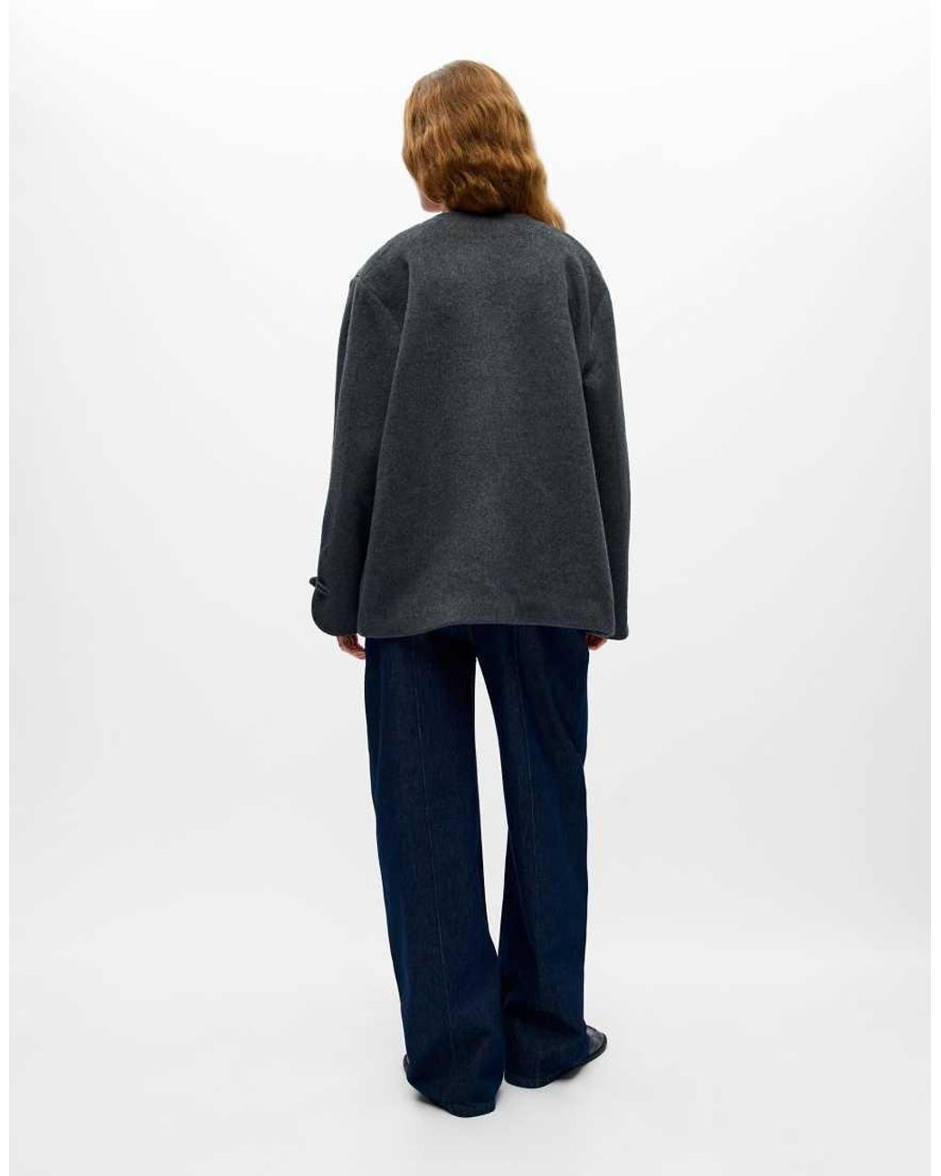 Object Blue Linn Oversized Wool Blend Collarless Jacket With Knot-button Fastening