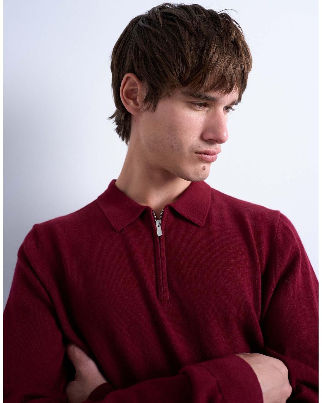 Topman Red Essential Knitted Zip Polo for men