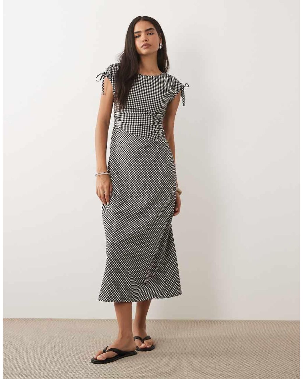 Threadbare Gray Sleeveless Woven Gingham Dress With Ruched Detail
