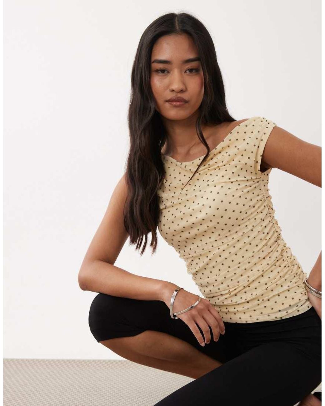 JJXX Brown Ruched Sheer Mesh Top