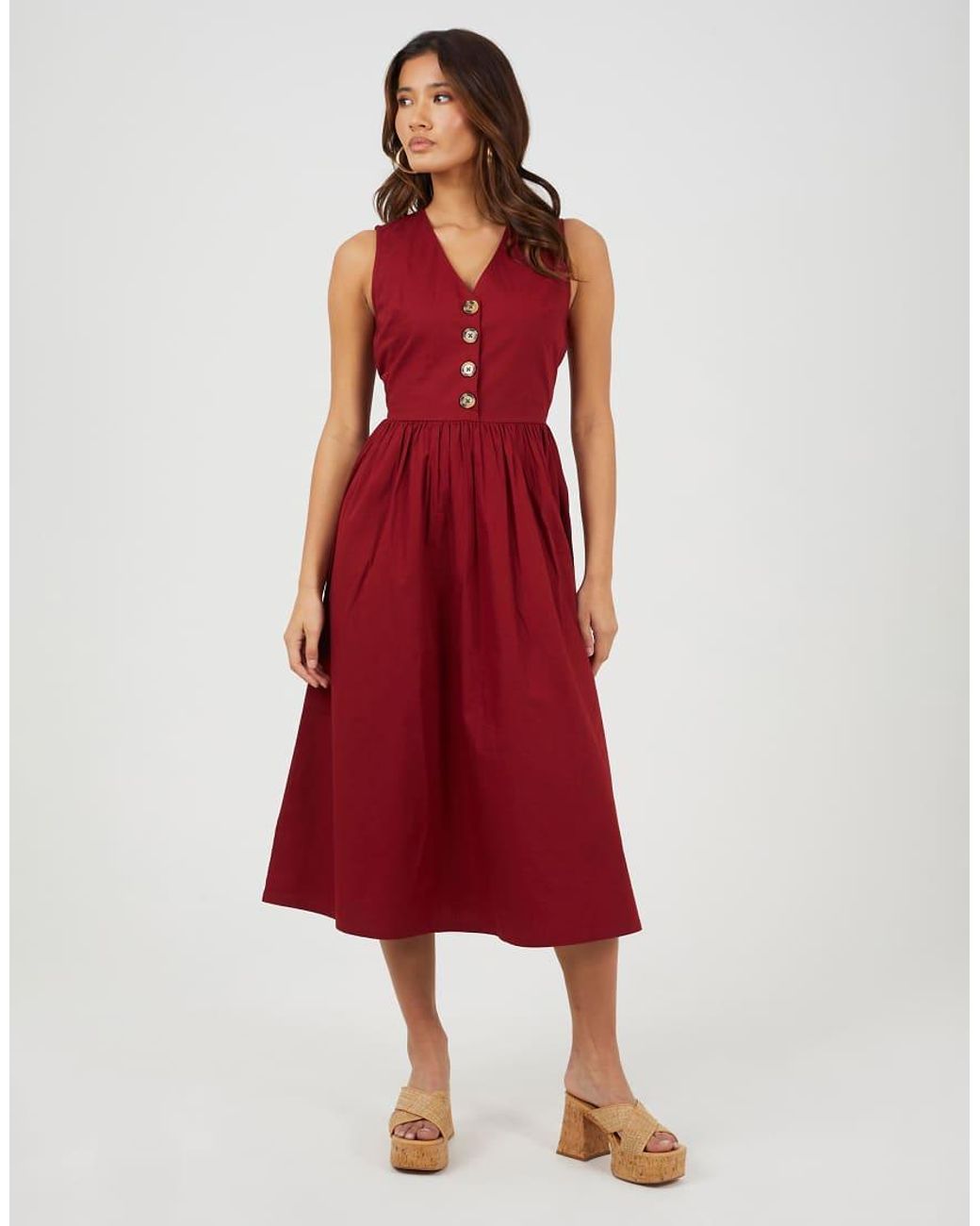 Brave Soul Red Sleeveless V-Neck Button Down Midi Dress