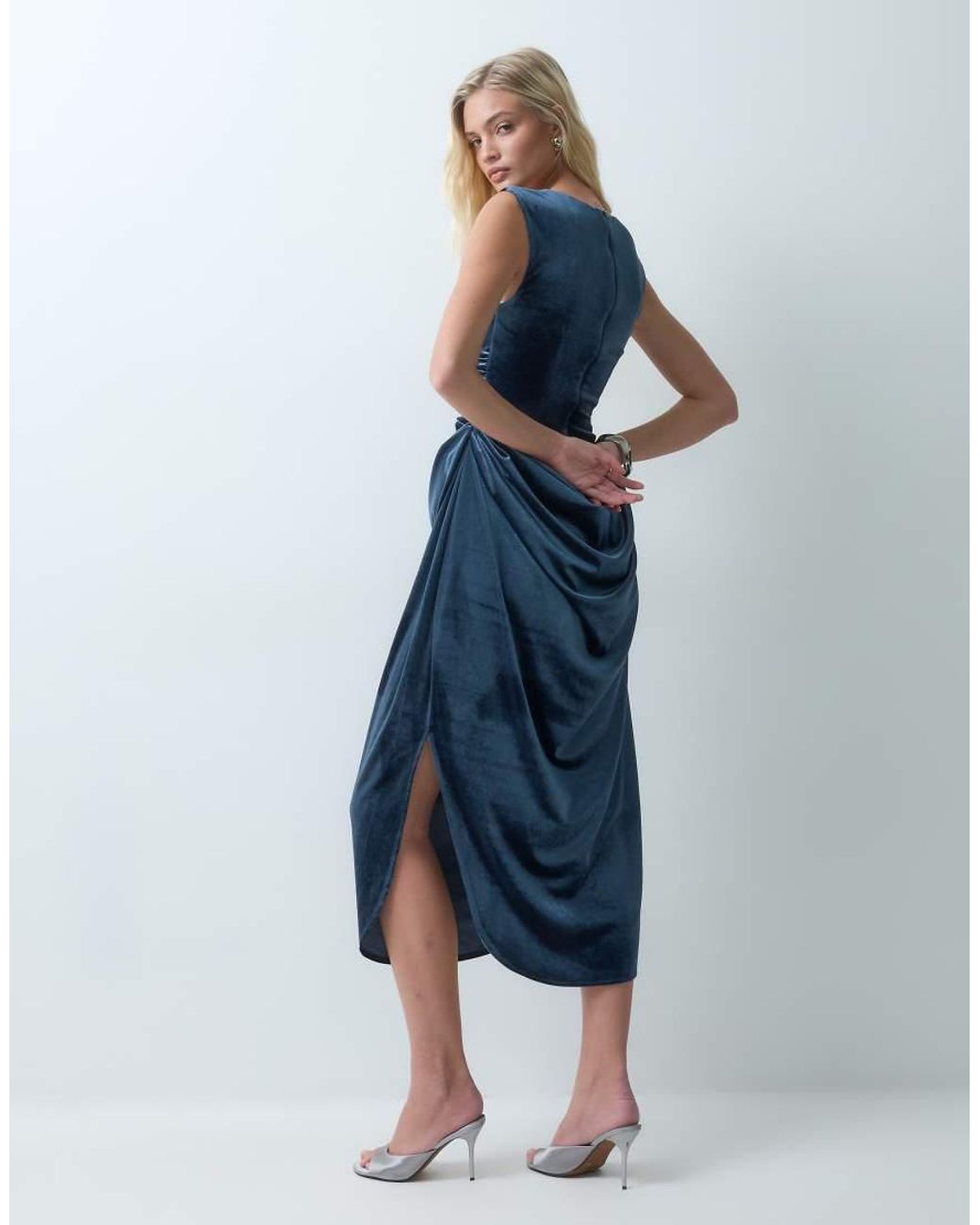ASOS Blue Structured Velvet Midi Dress With Draped Skirt