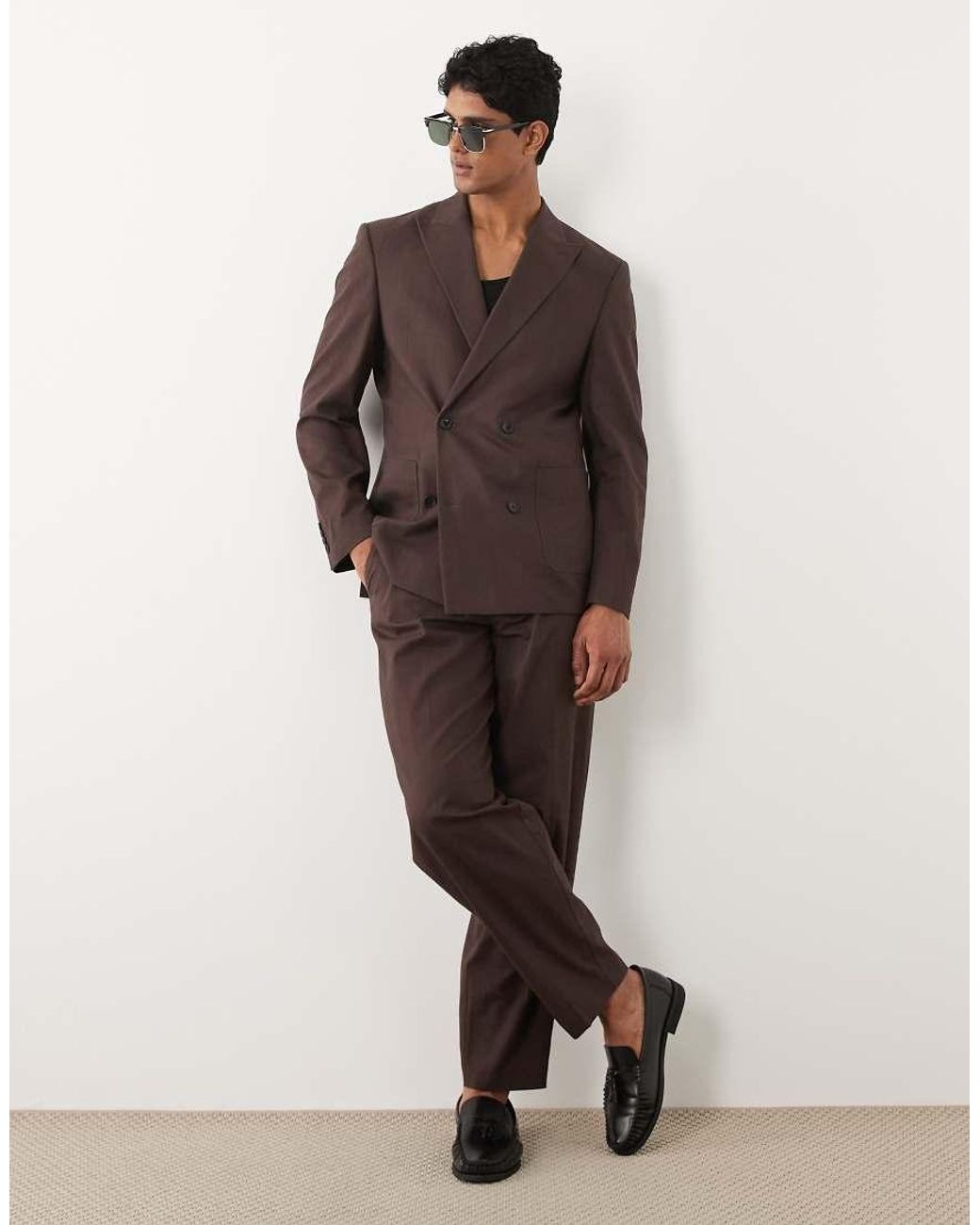 ASOS Brown 100% Cotton Linen Look Regular Fit Double Breasted Suit Blazer for men