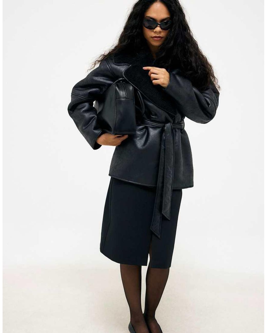 NA-KD Black Oversized Belted Bonded Jacket