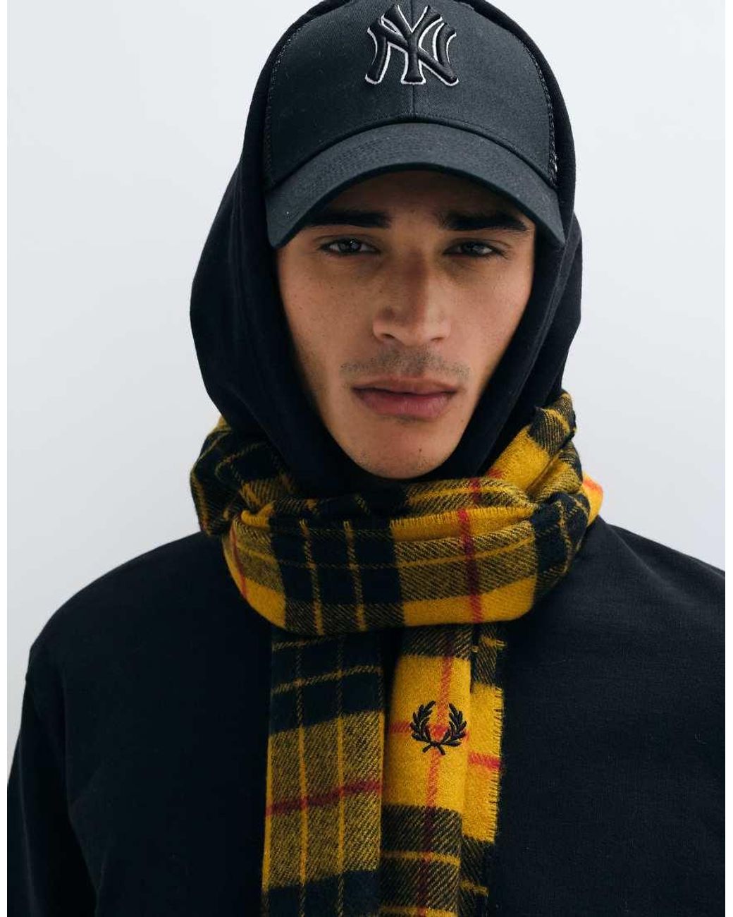 Fred Perry Blue Lambswool Tartan Scarf for men