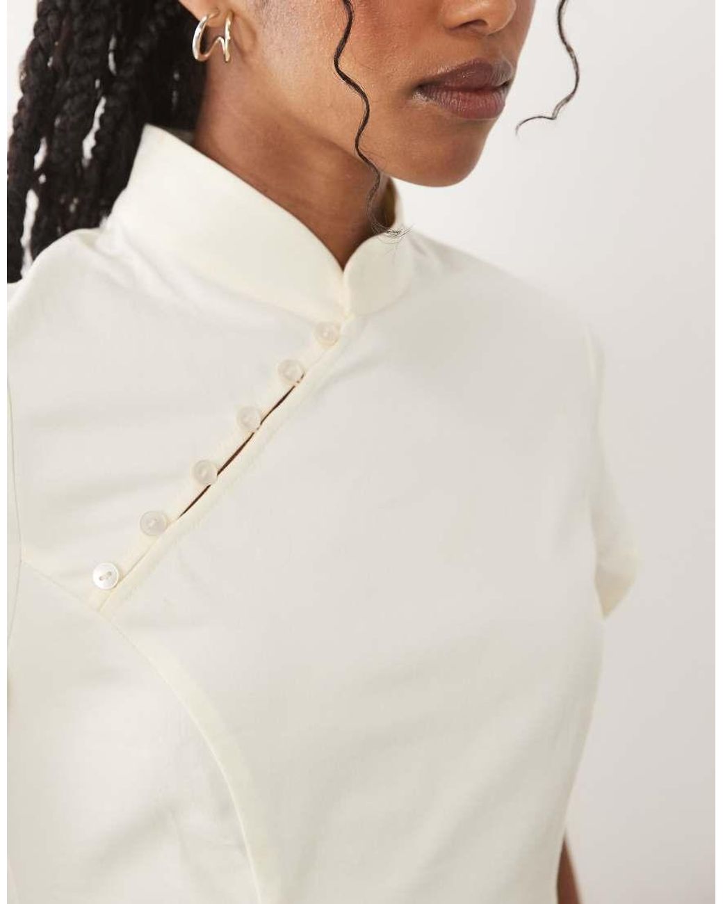 ASOS White Mandarin Collar With Asym Button Detail Top