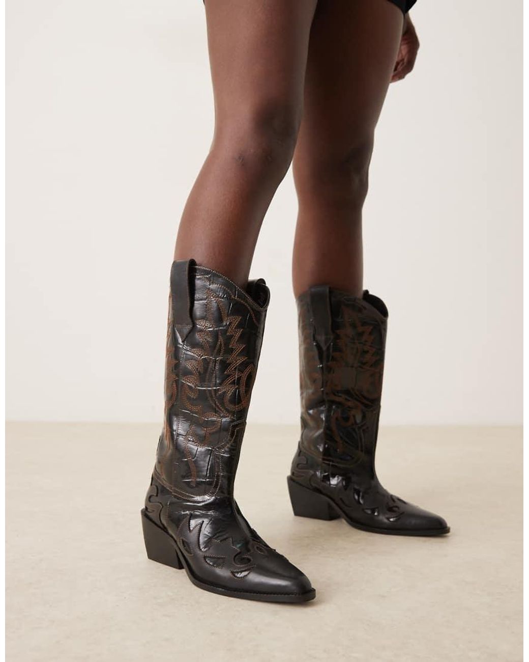 ASOS Black Camryn Leather Cowboy Knee Boots
