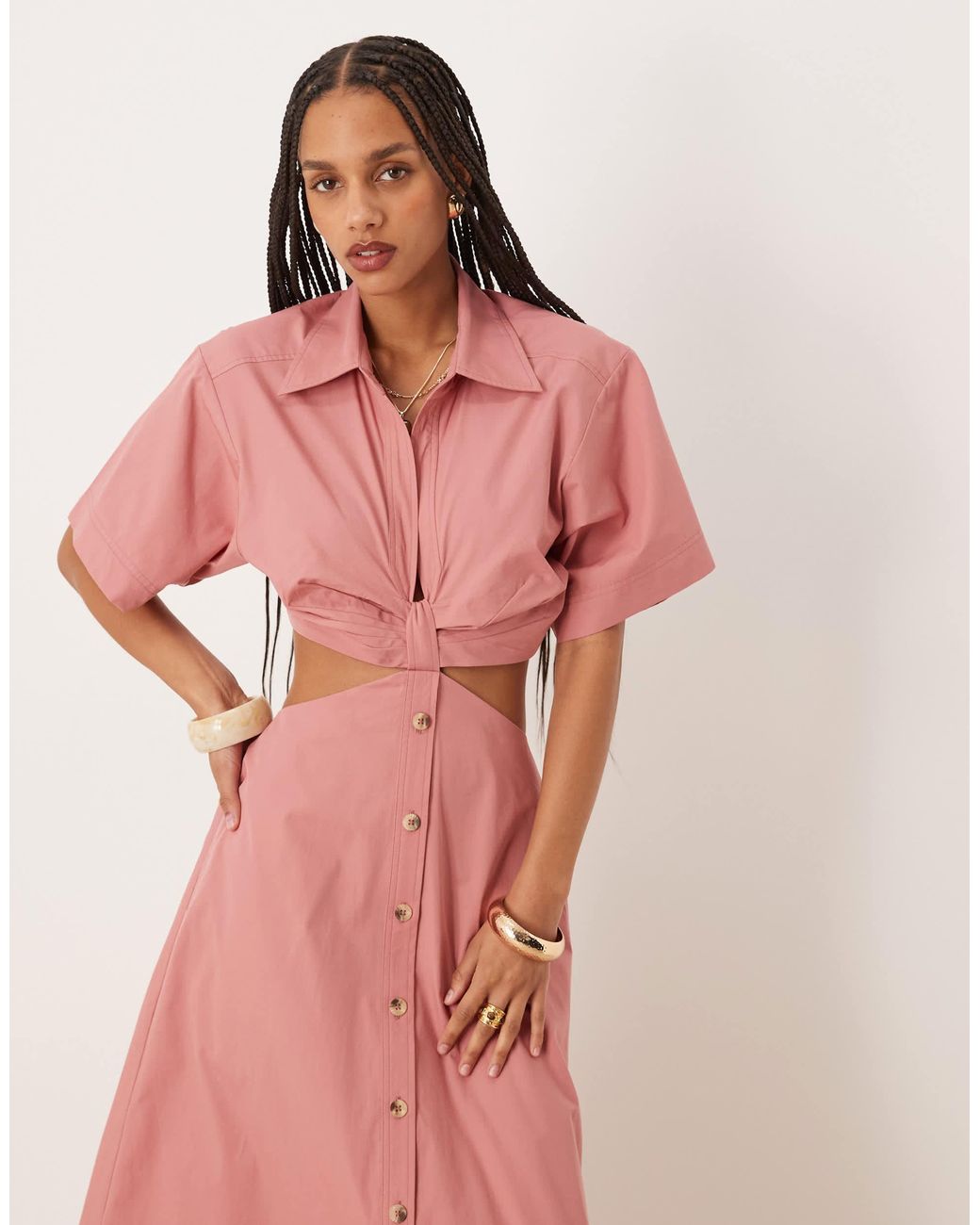 ASOS V Neck Cut Out Waist Shirt Midi Dress Dusty Rose in Pink | Lyst