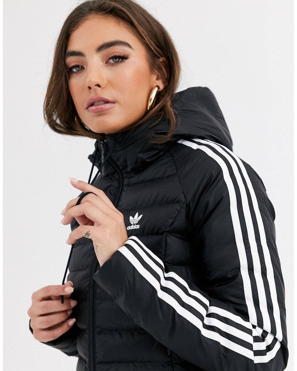 adidas Originals Three Stripe Slim Padded Jacket in Black | Lyst