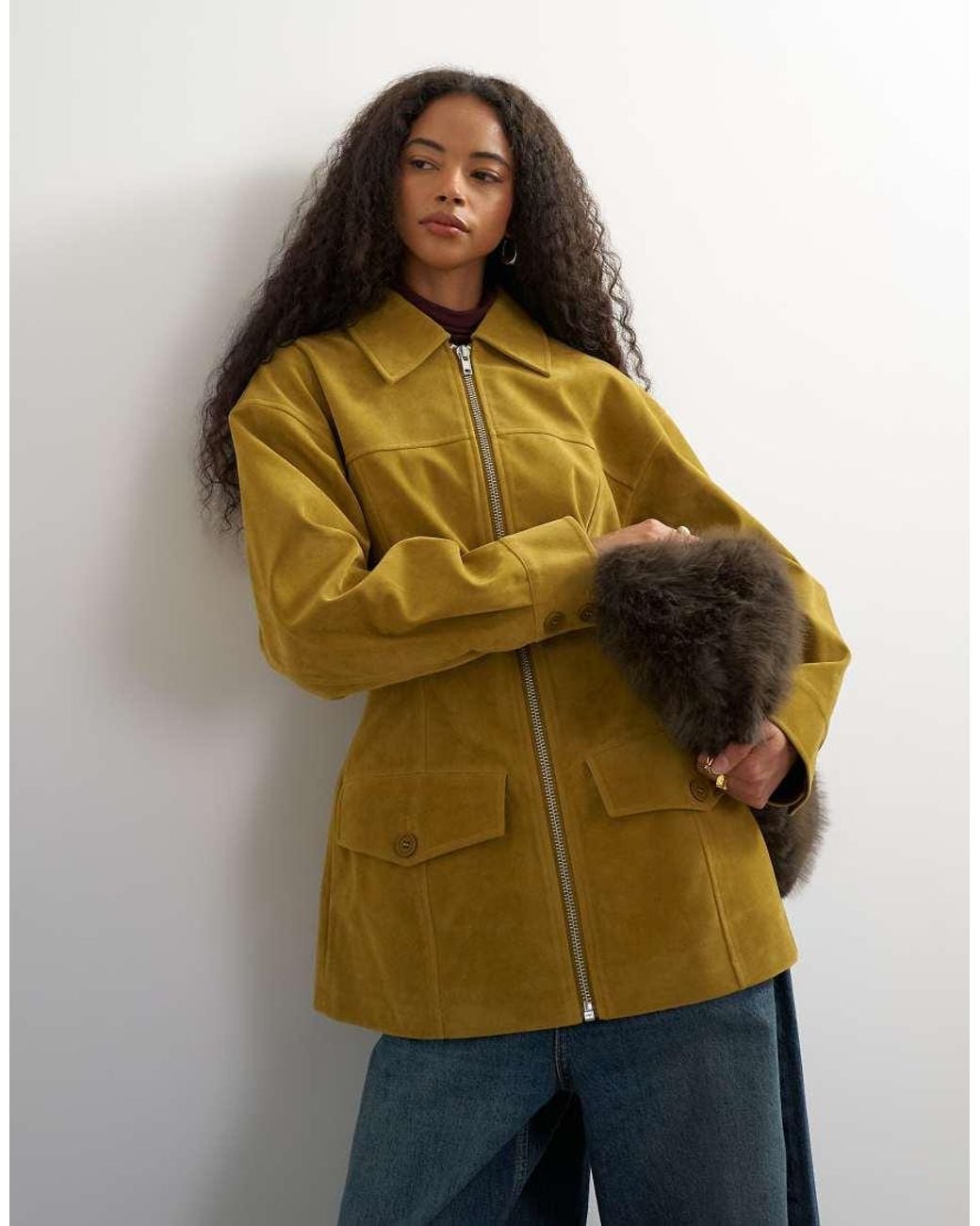 TOPSHOP Yellow Faux Suede Cinch Waist Blazer Jacket