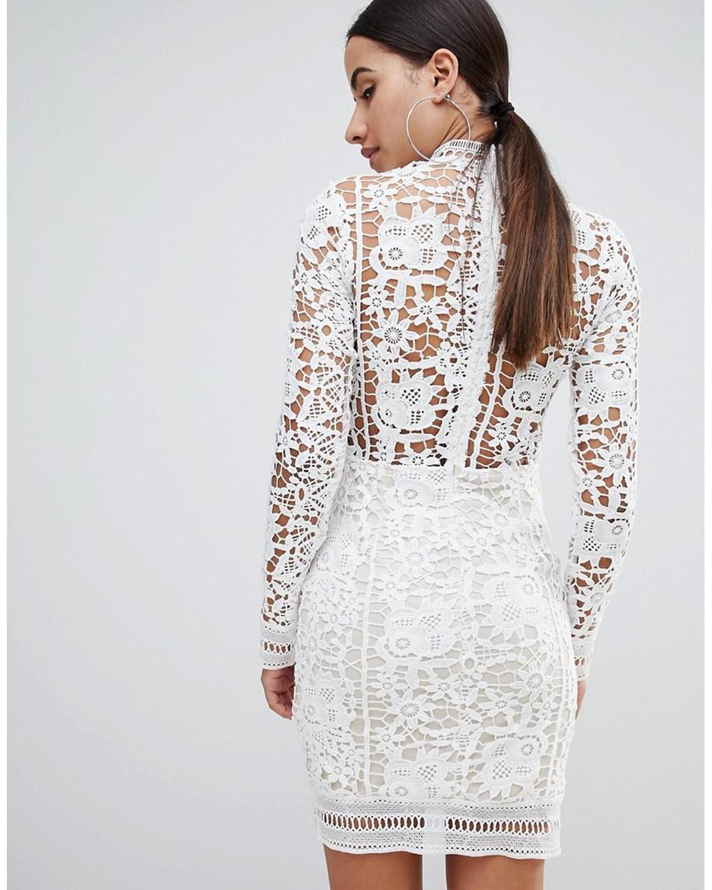 Missguided Crochet Lace Long Sleeve Mini Dress in White | Lyst