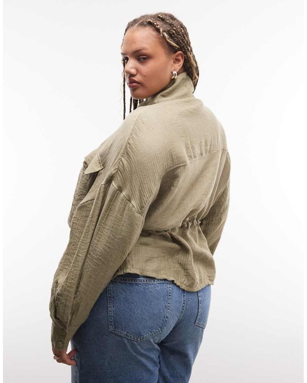 ASOS Brown Asos Design Curve Funnel Neck Textured Drawstring Waist Shacket