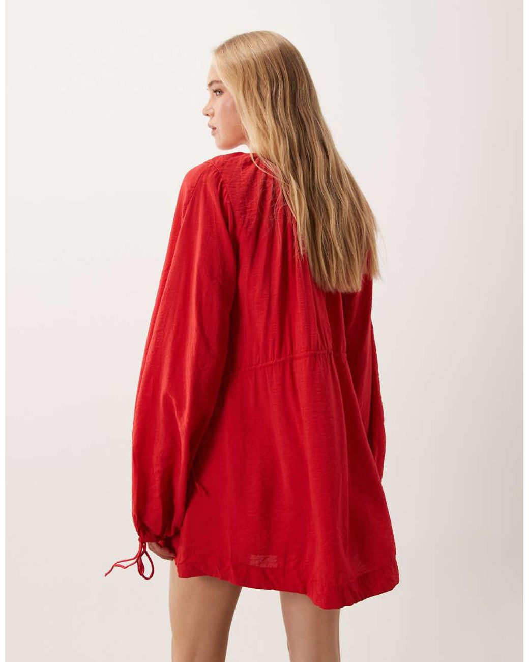 ASOS Red Crew Neck Mini Dress With Ruched Waist Channel And Blouson Sleeves