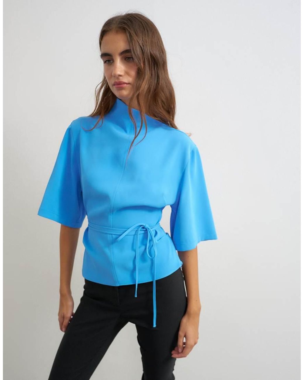 TOPSHOP Blue High Neck Tie Detail Short Sleeved Top