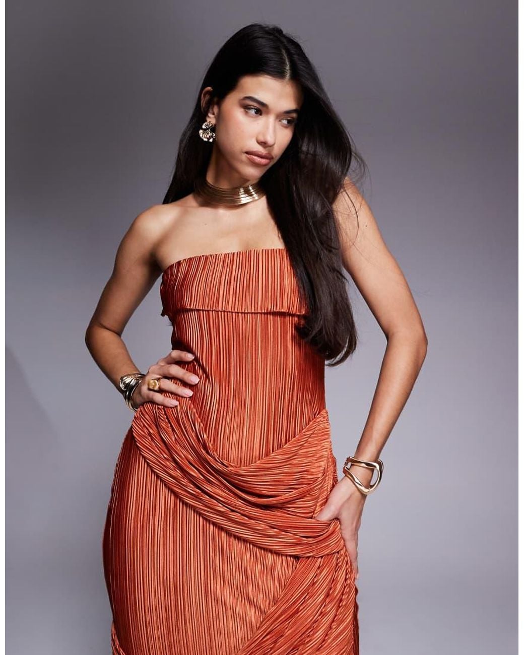 ASOS Red Premium Plisse Bandeau Maxi Dress With Draped Panels