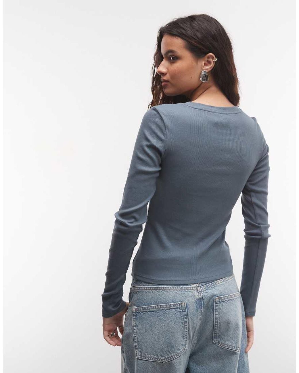 Monki Blue Ribbed Long Sleeve Top